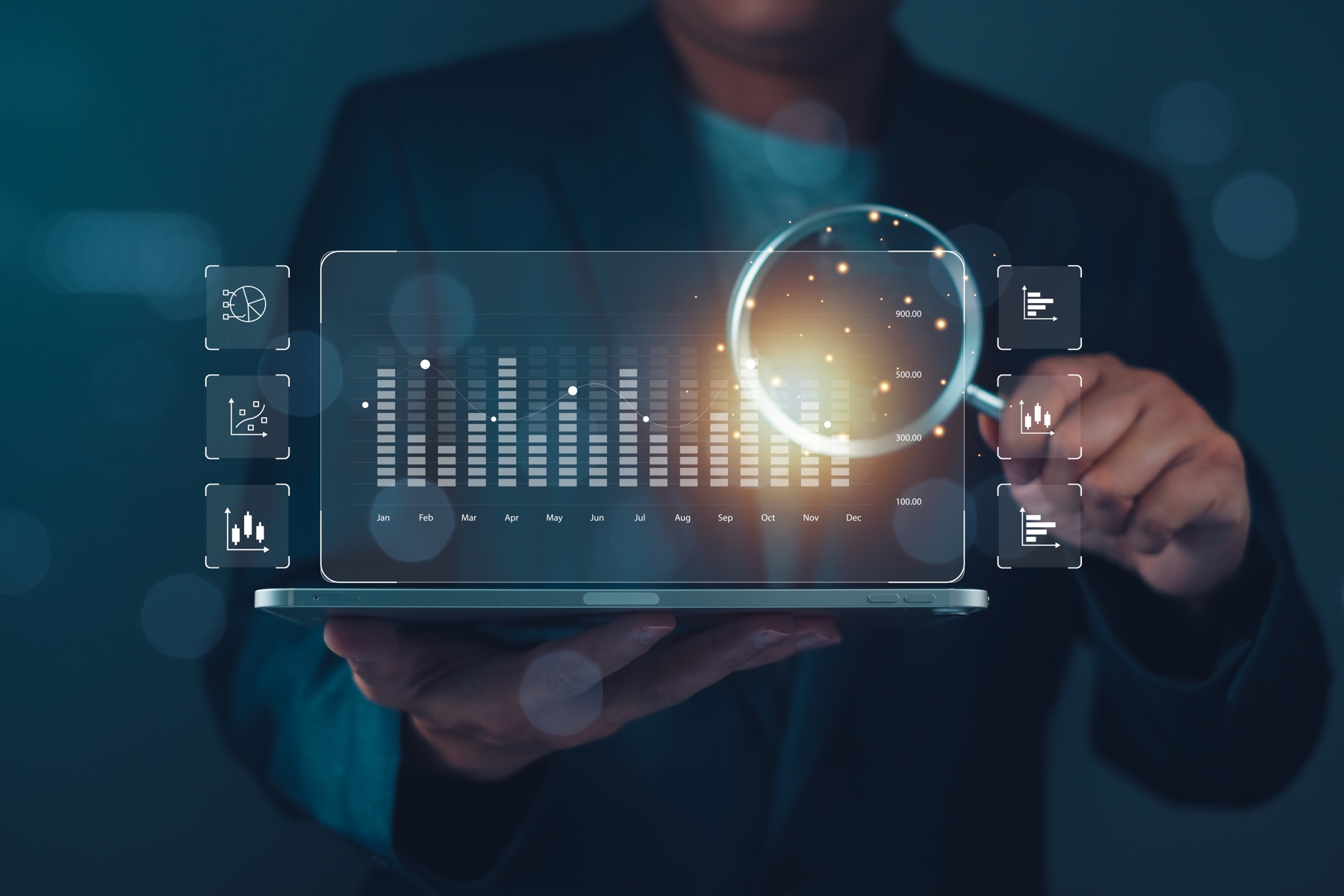 Businessman,Using,Tablet,With,Virtual,Analytics,Data,,Magnifying,Glass,Highlights